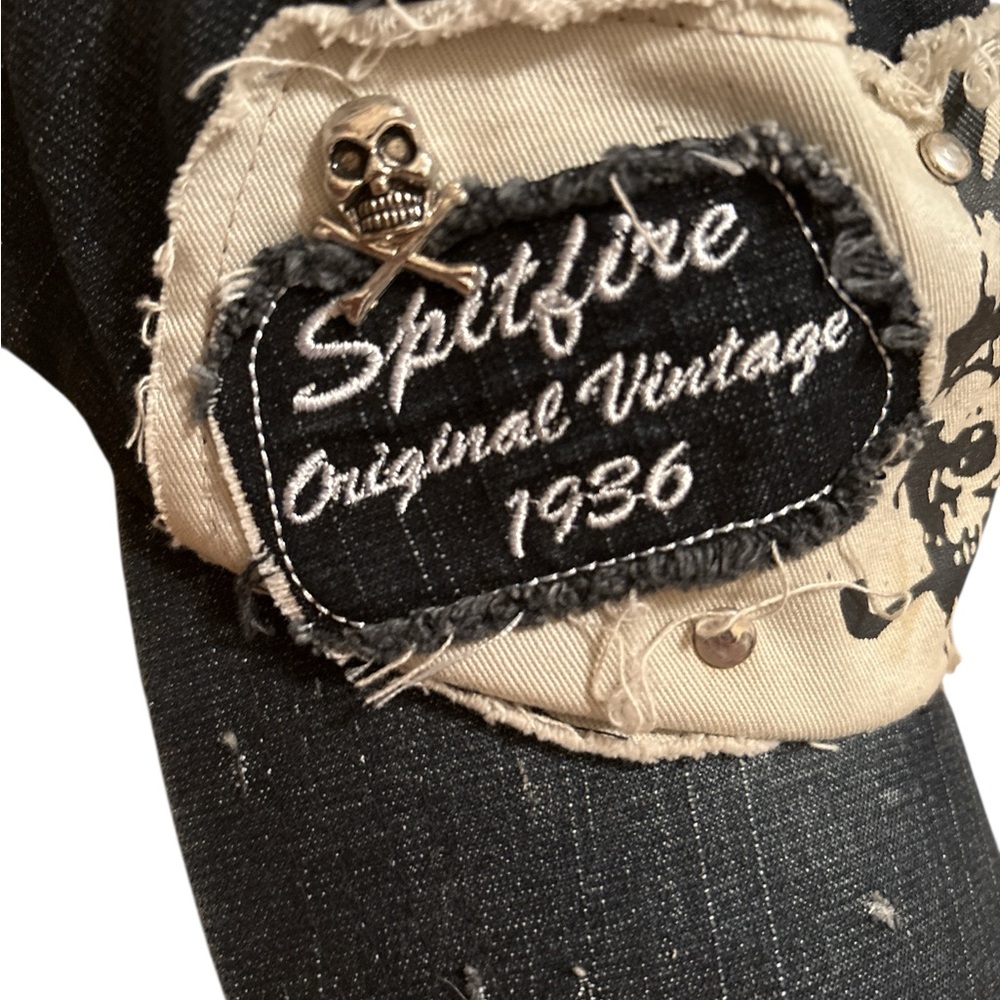 Skull & Studded Black/Blue and Cream Skull Patch Hat - Picture 4 of 6
